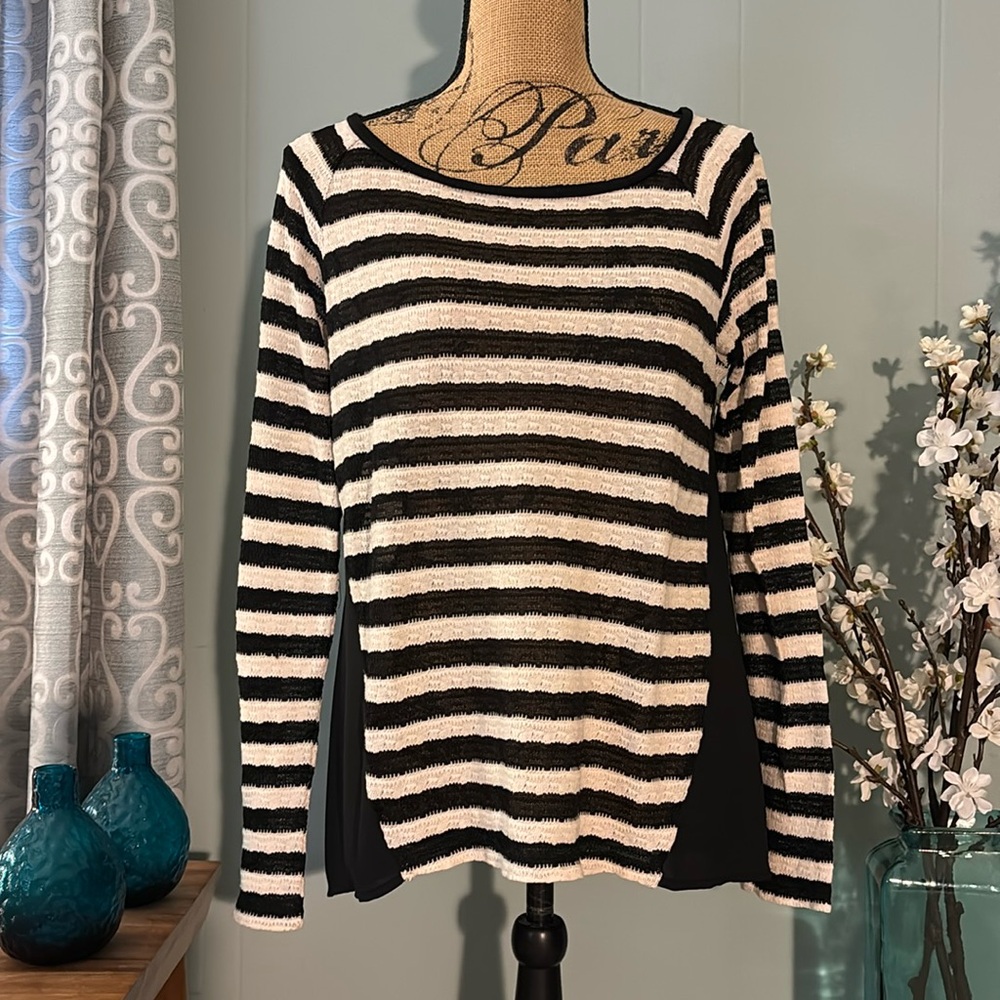 I.N.C International Concepts Semi Sheer Mixed Media Lace Inlay Striped Shirt